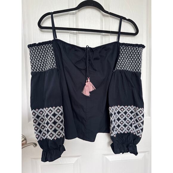 Rebecca Minkoff Off the Shoulder navy Embroidered smocked Peasant Top Boho XL - Picture 14 of 16